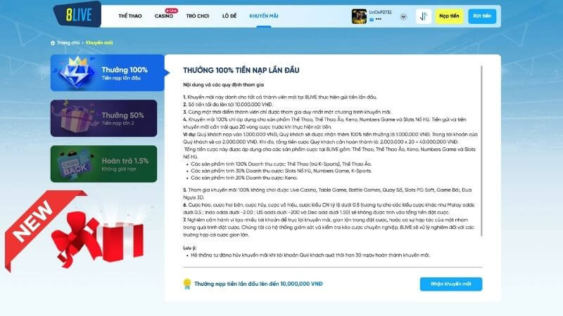 Nhiều khuyến mãi hấp dẫn tại nhà cái 8live