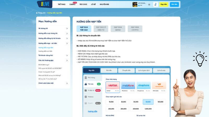 Hướng dẫn các bước nạp tiền 8Live nhanh nhất